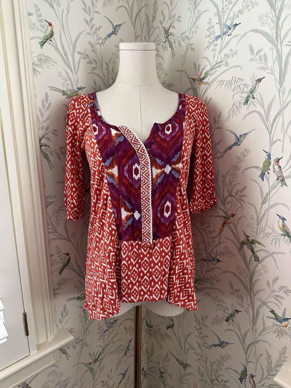 ANTHROPOLOGIE Akemi + Kin XS Boho Tunic Blouse Top Ikat Red Purple
